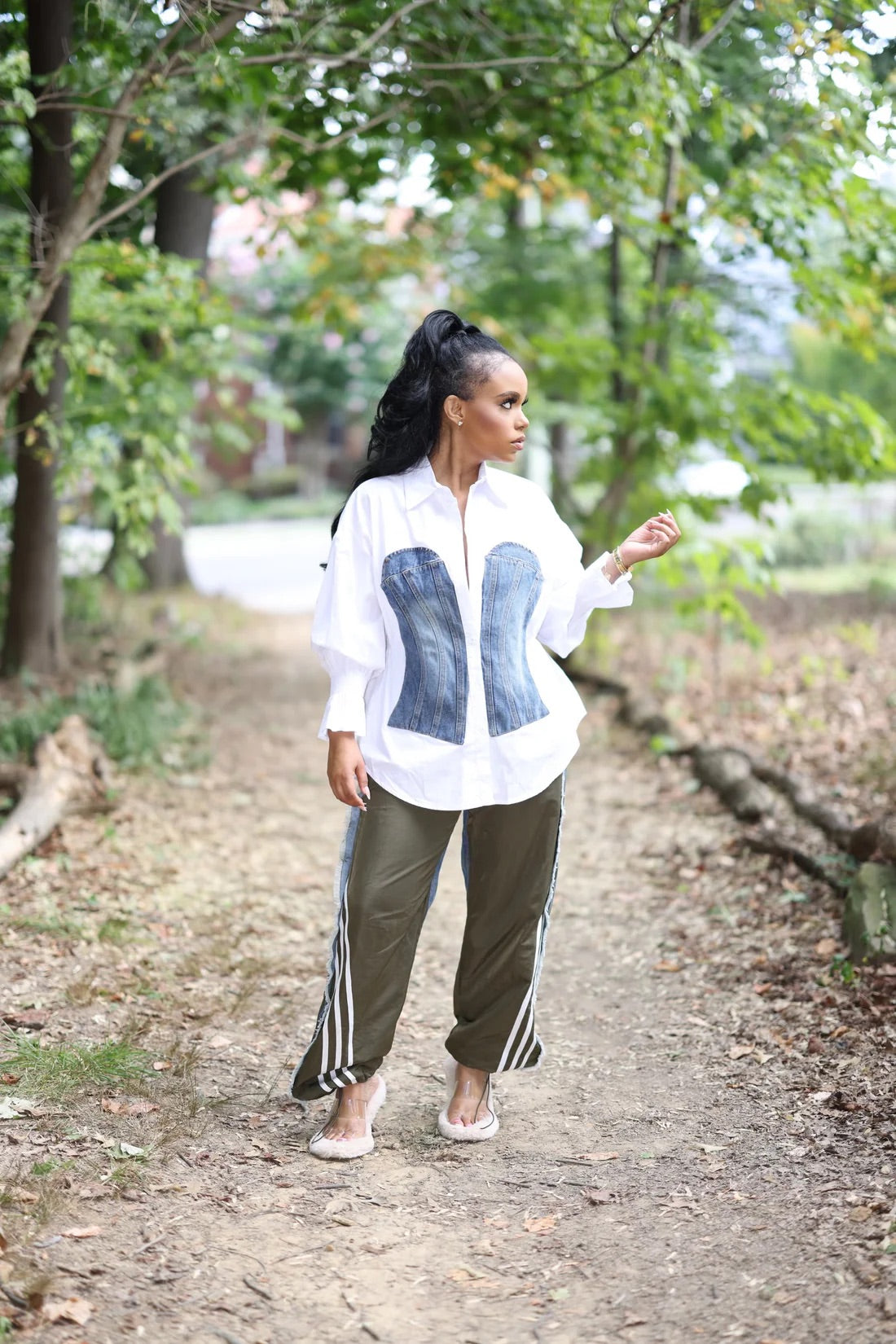 Denim Cut Out Stripe Joggers