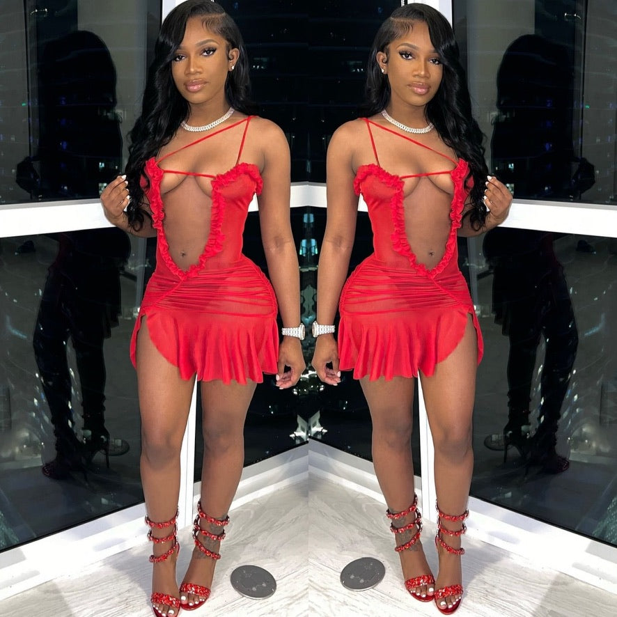 Ruffle Trim Ruched Asymmetrical Mini Dress