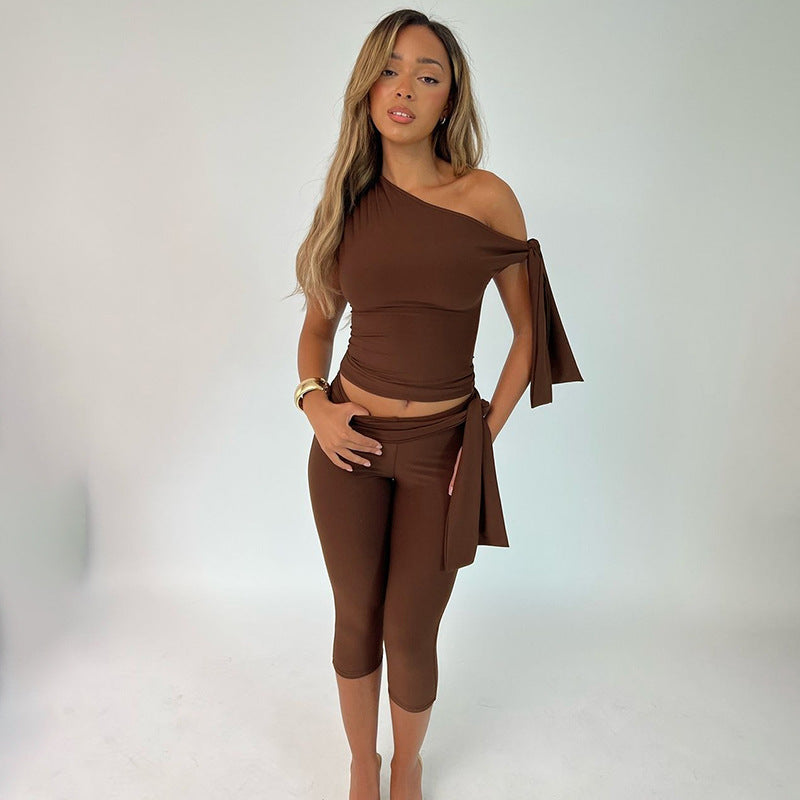 Off Shoulder Side Tie Capri Legging Set