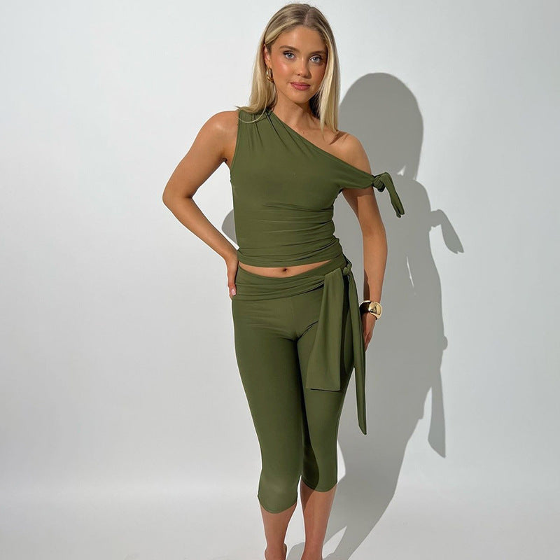 Off Shoulder Side Tie Capri Legging Set