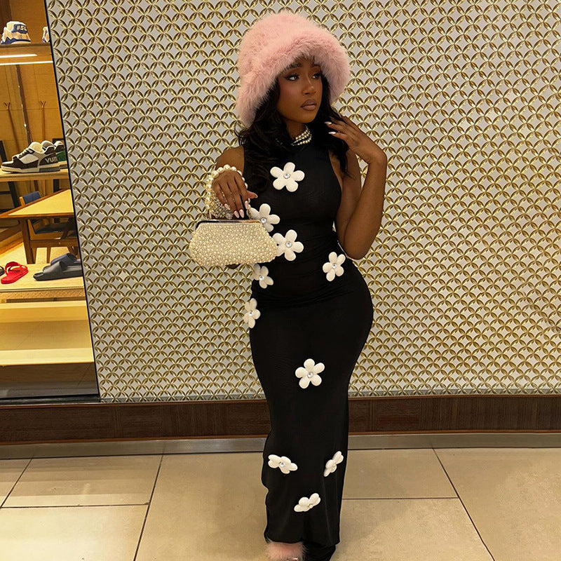 3D Flower Mock Neck Maxi Dress