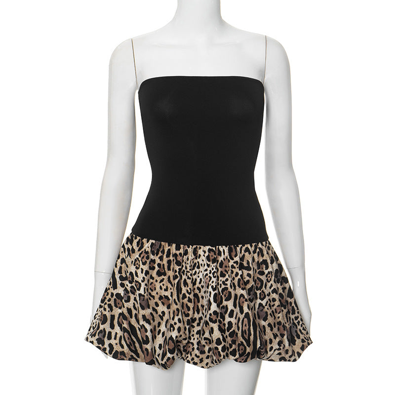 Leopard Print Bubble Hem Tube Dress