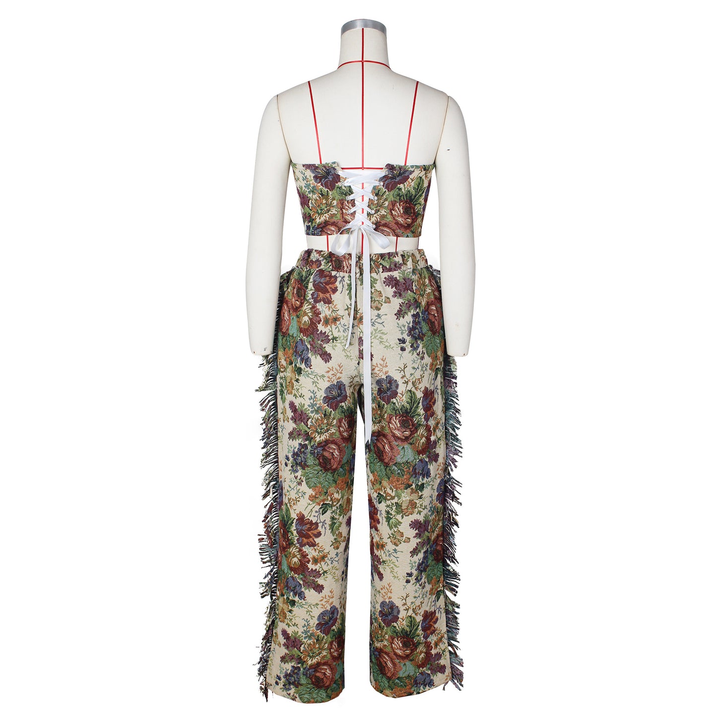 Jacquard Fringe Lace Up Corset Set