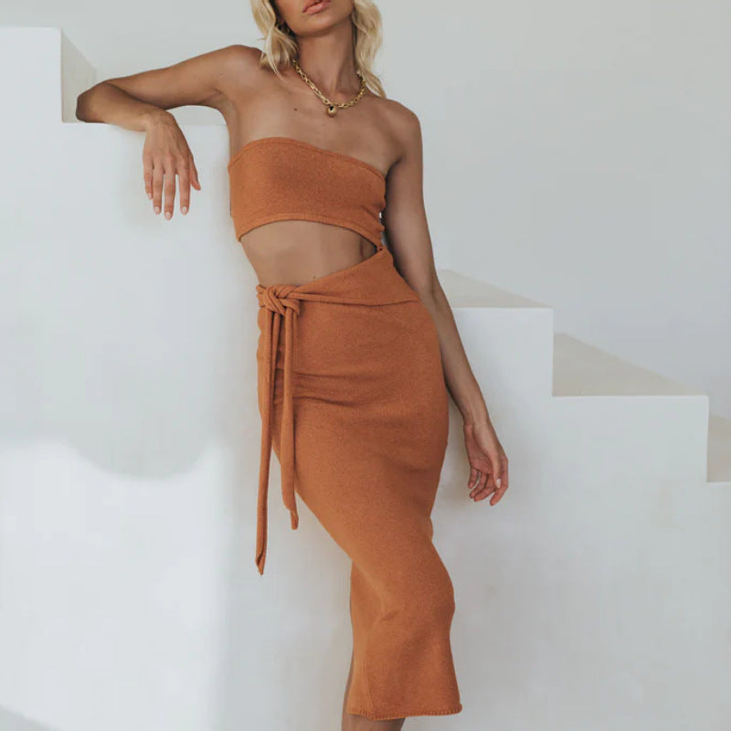 Cutout Tube Top Front Tie Knit Dress