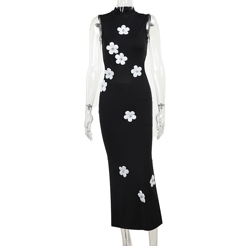 3D Flower Mock Neck Maxi Dress