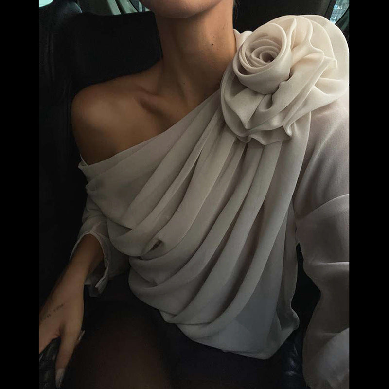 3D Flower Chiffon Off Shoulder Blouse