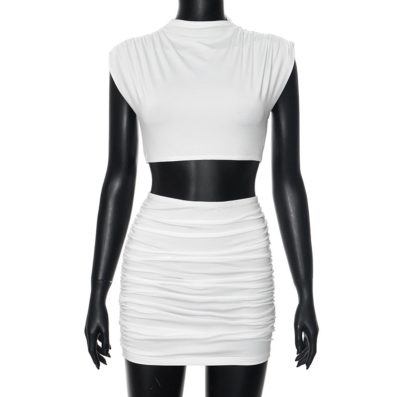 2pc Ruched Mock Neck Cropped Skirt Set