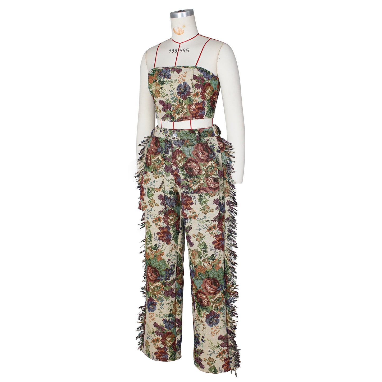 Jacquard Fringe Lace Up Corset Set
