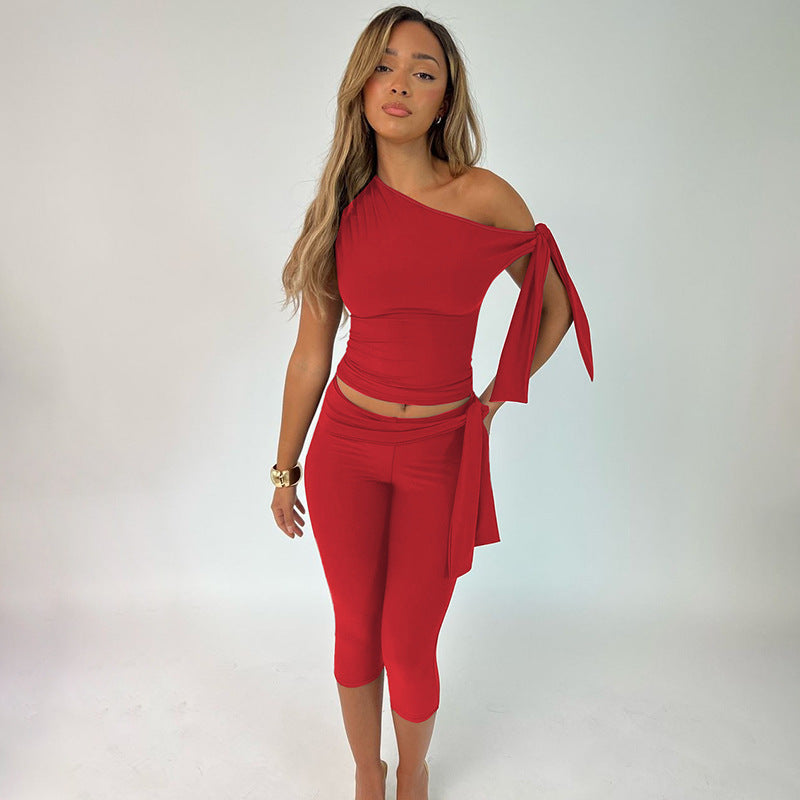 Off Shoulder Side Tie Capri Legging Set