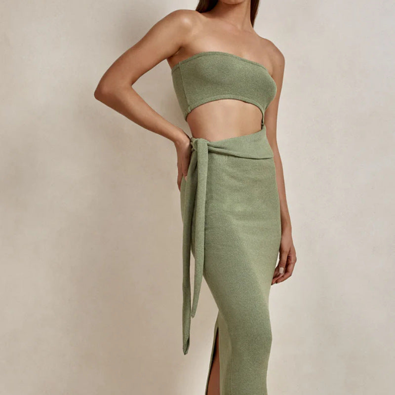 Cutout Tube Top Front Tie Knit Dress