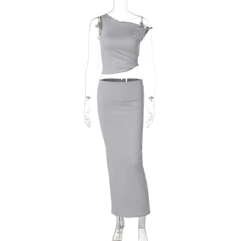 2pc Twist Shoulder Crop Skirt Set