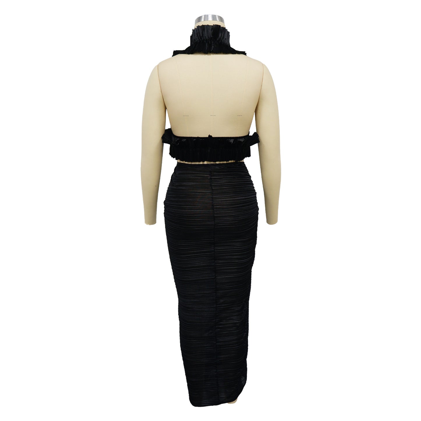Ruffle Pleated High Slit Maxi Skirt Set