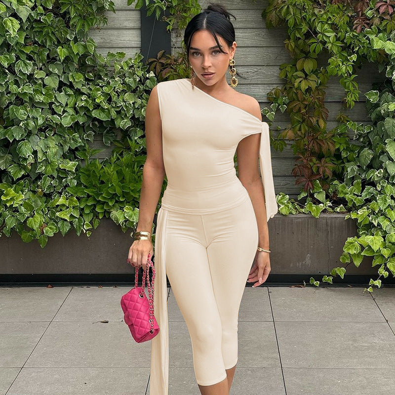Off Shoulder Side Tie Capri Legging Set