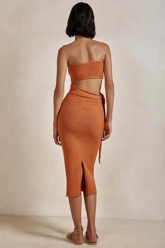 Cutout Tube Top Front Tie Knit Dress