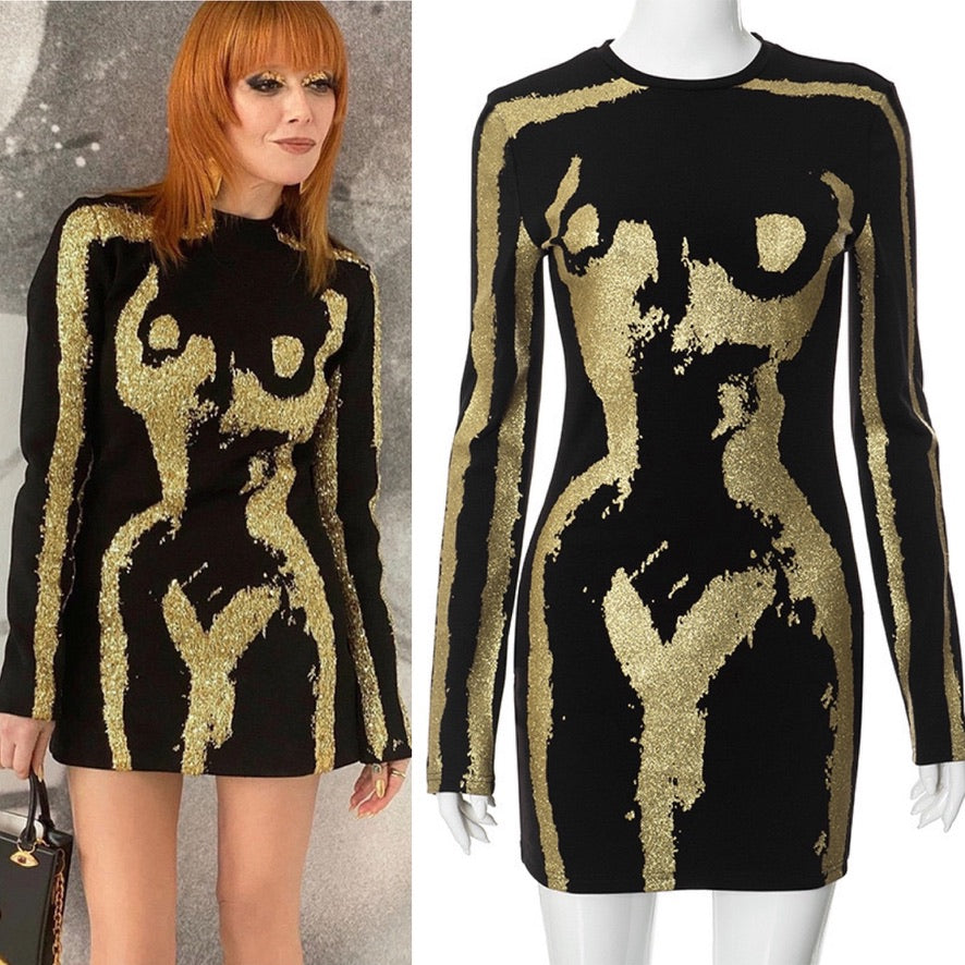 3D Body Print Gold Glitter Print Long Sleeve Mini Dress