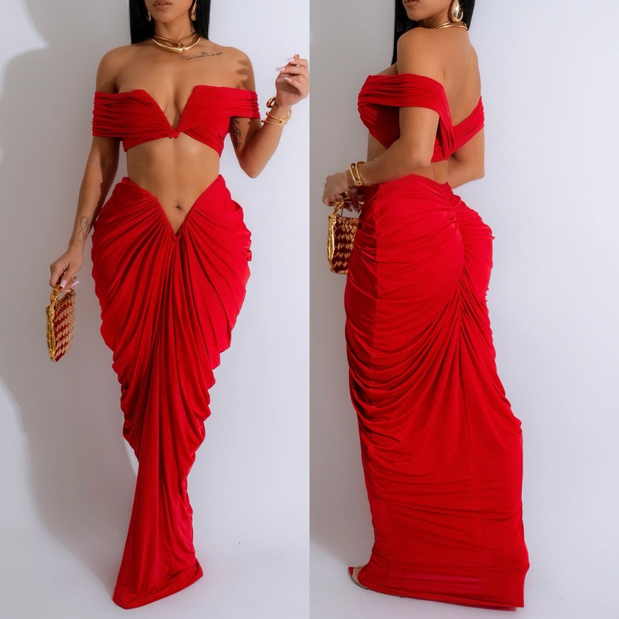 2pc V Wire Draped Off Shoulder Skirt Set