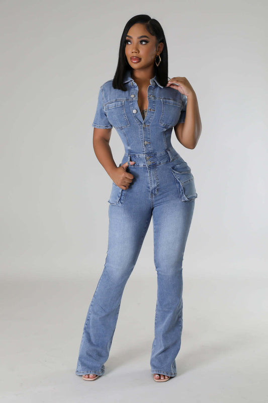 Stretch Denim Short Sleeve Flare Leg Jumpsuit
