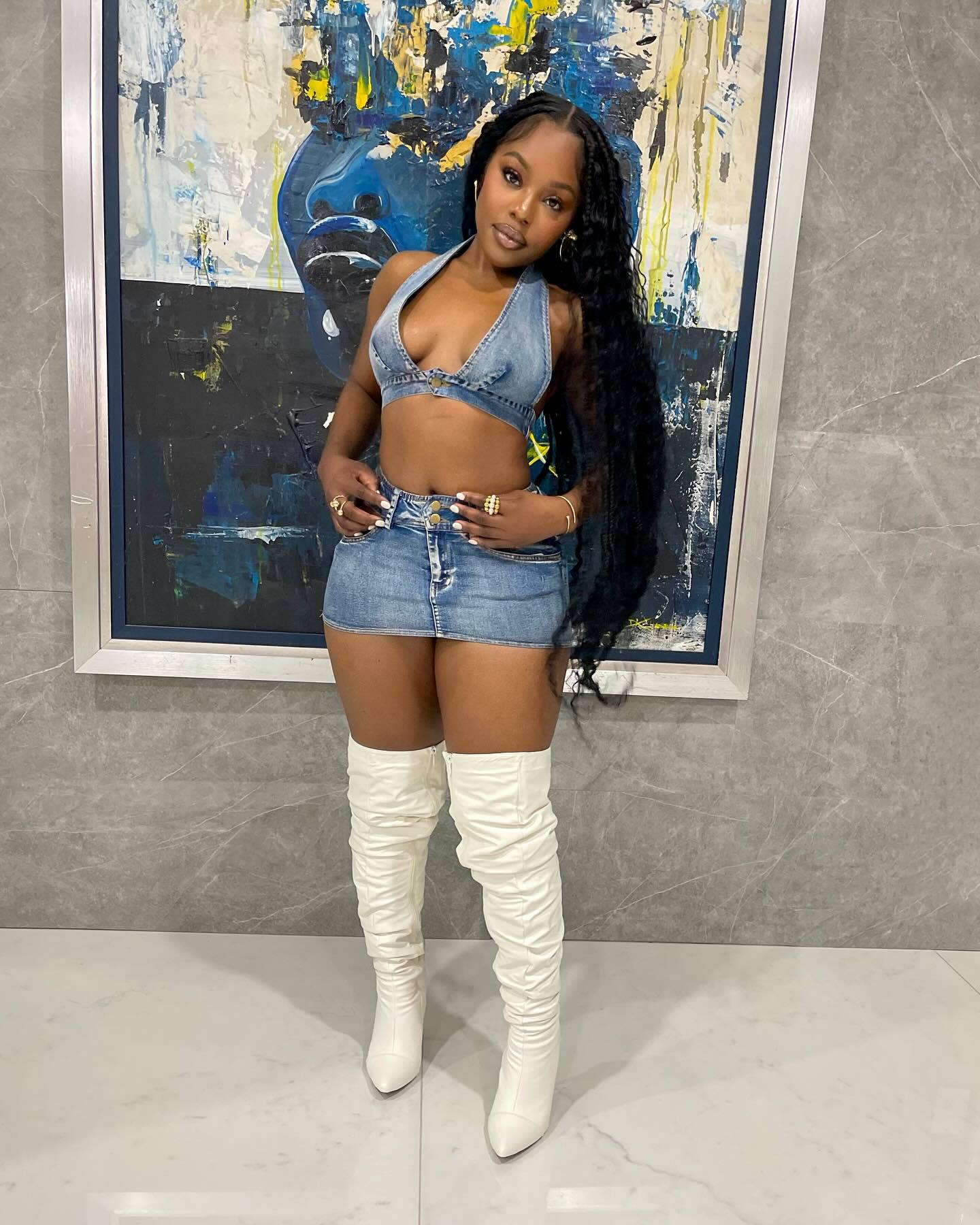 2pc Stretch Denim Halter Skirt Set