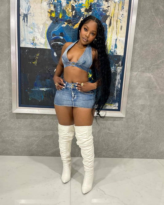 2pc Stretch Denim Halter Skirt Set