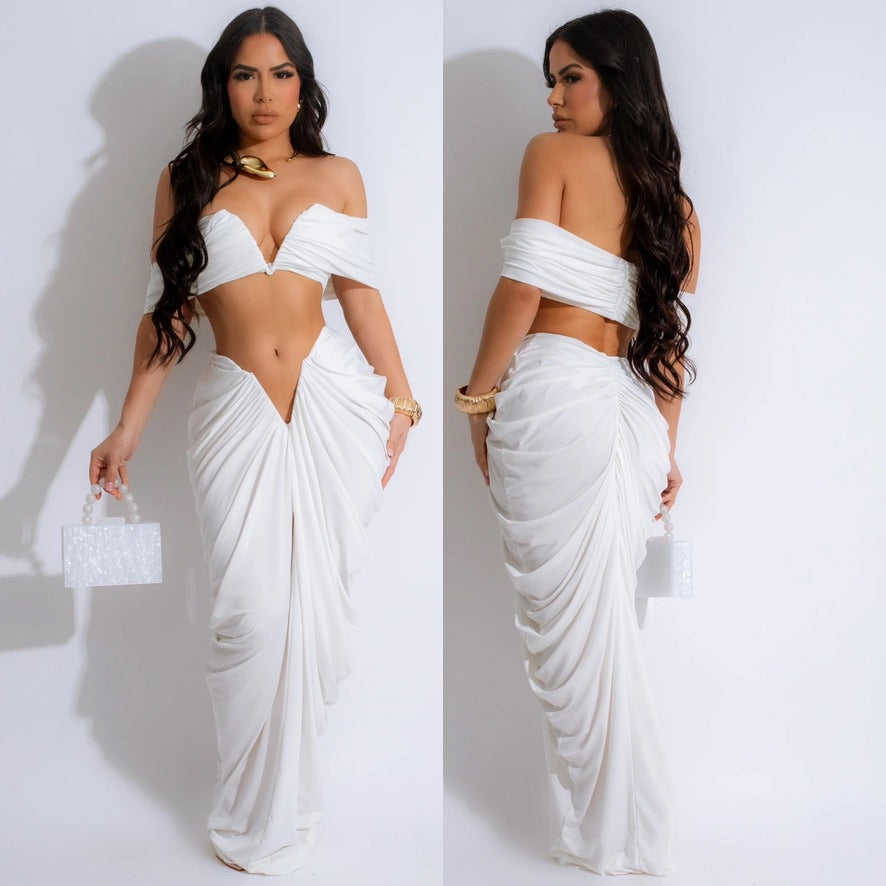 2pc V Wire Draped Off Shoulder Skirt Set