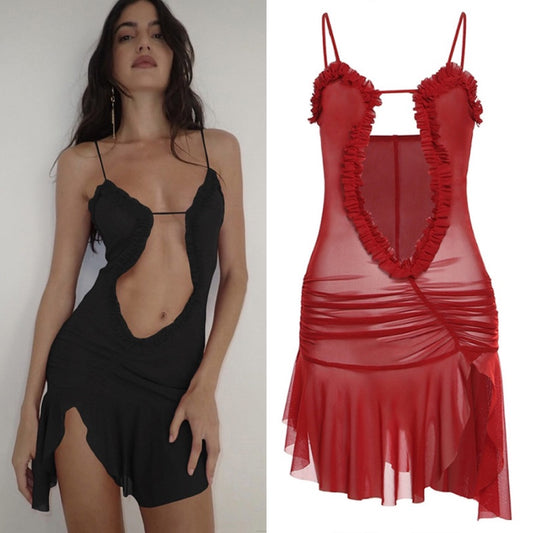 Ruffle Trim Ruched Asymmetrical Mini Dress