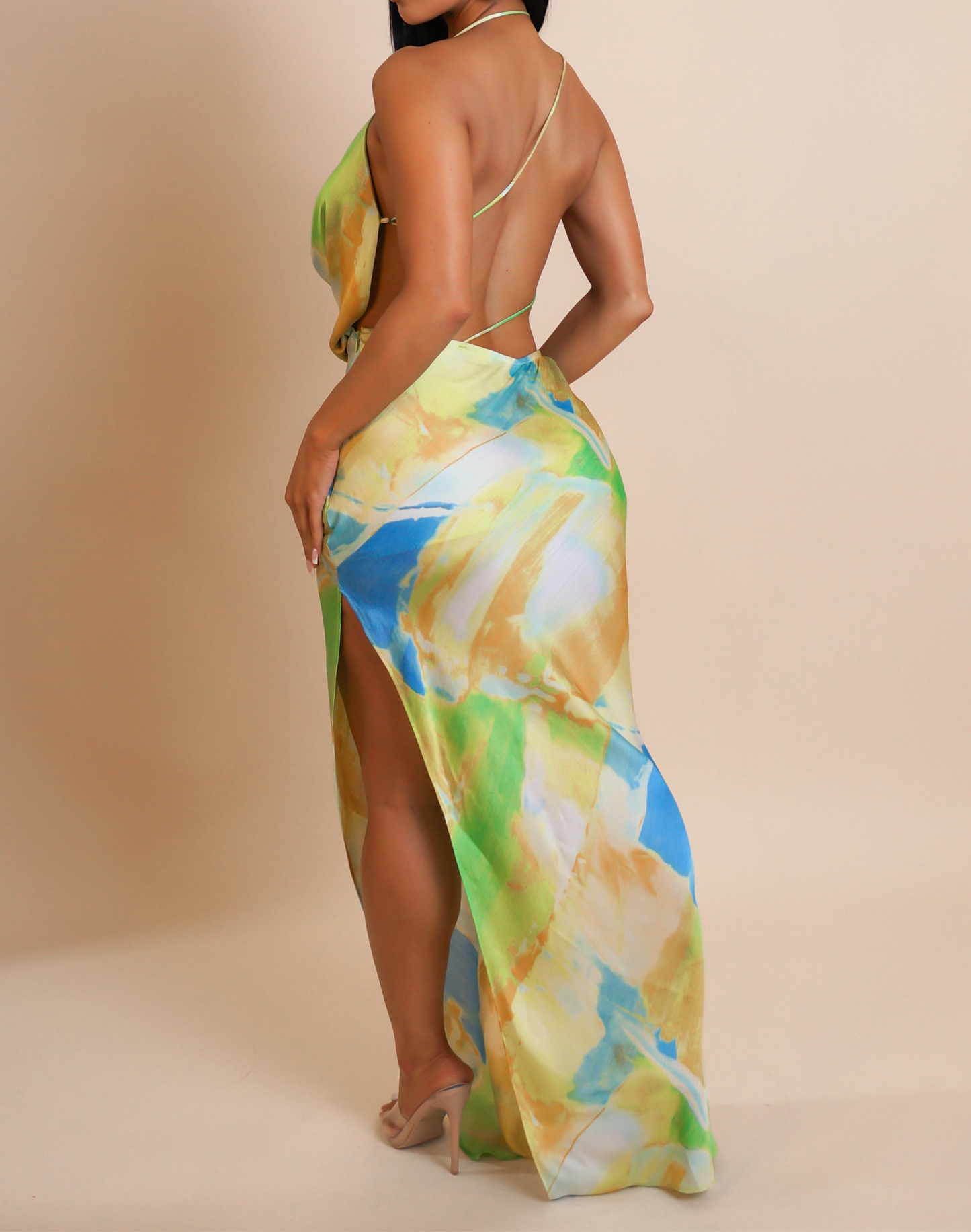 Printed Draped Neck Open Back Maxi Dress