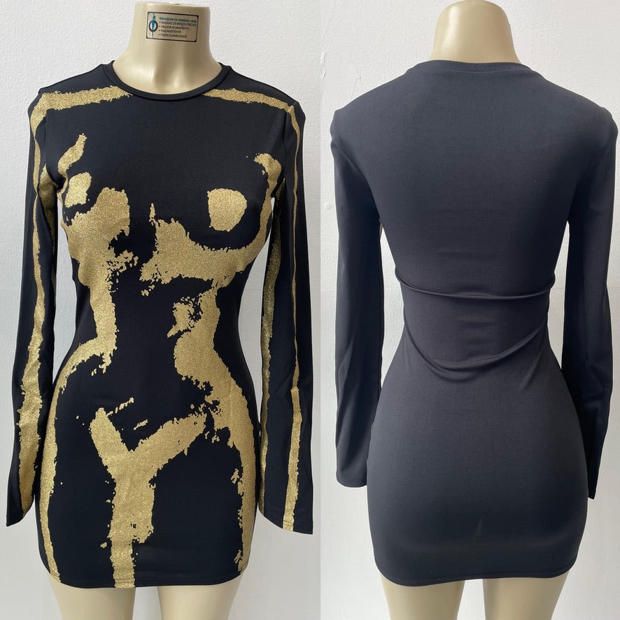 3D Body Print Gold Glitter Print Long Sleeve Mini Dress