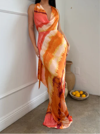 Printed Drape Neck Halter Maxi Dress