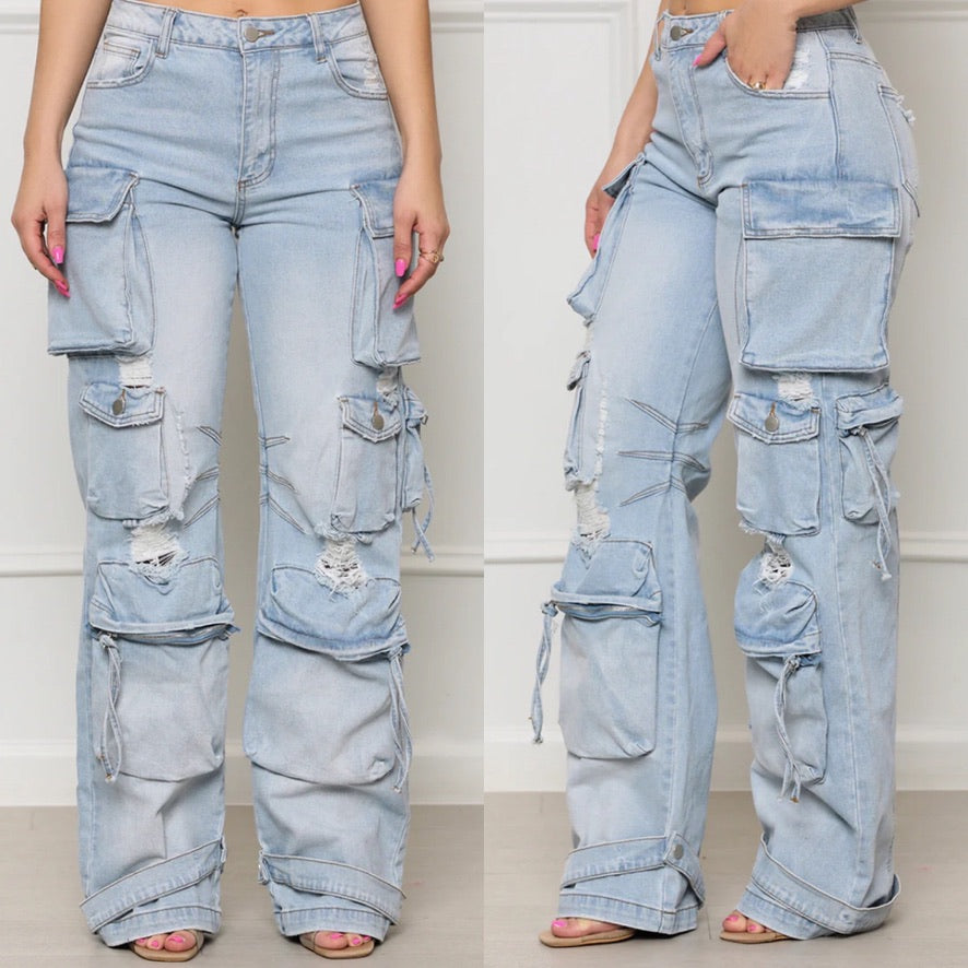 Distressed Denim Cargo Pants