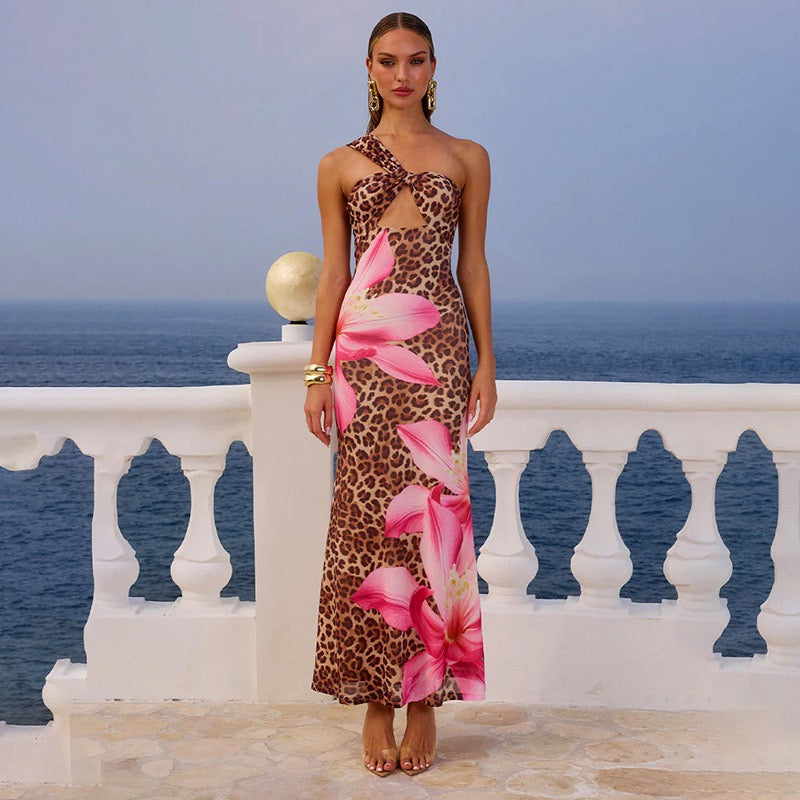 Cut Out Flower Print Leopard Maxi Dress