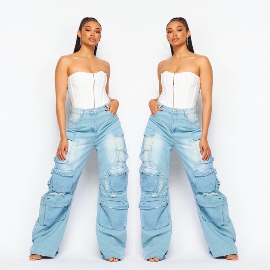Distressed Denim Cargo Pants