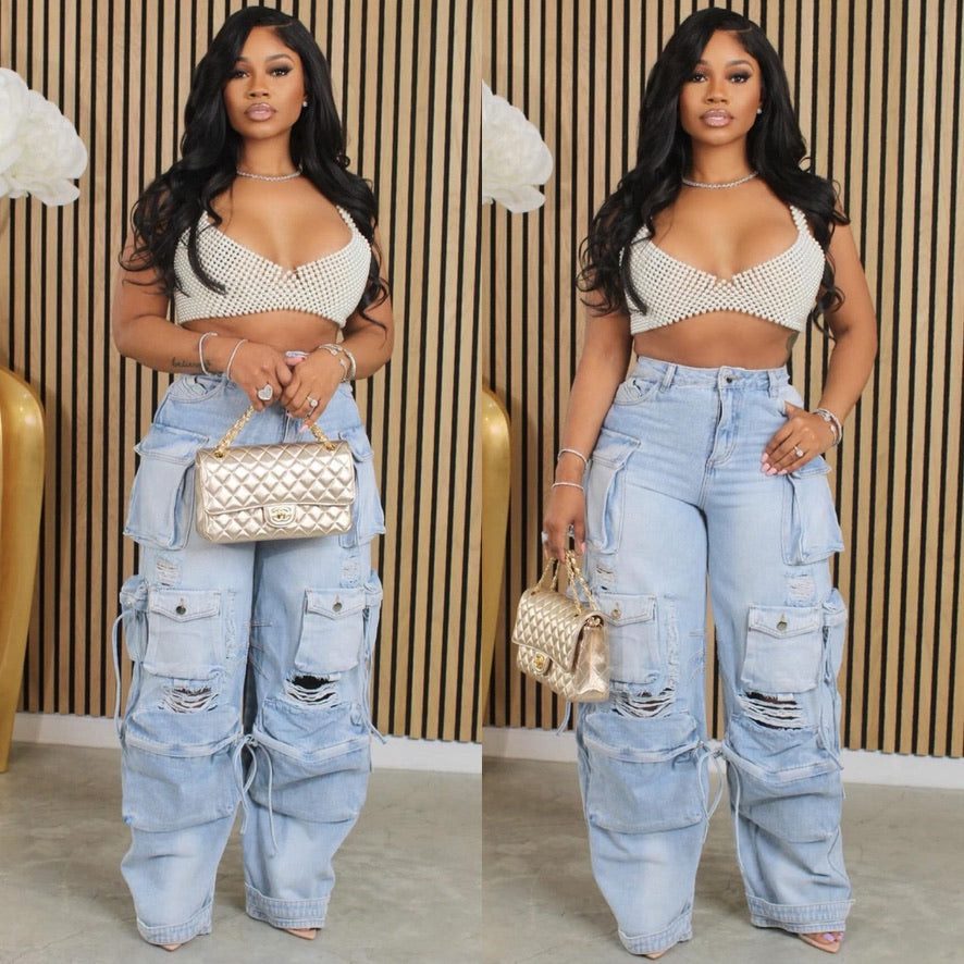 Distressed Denim Cargo Pants