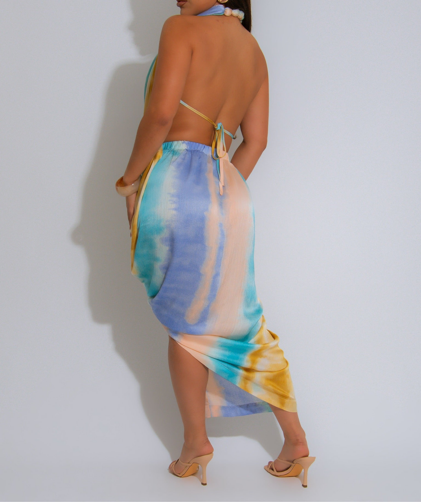 Printed Drape Neck Dress with Beads