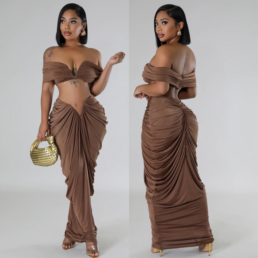 2pc V Wire Draped Off Shoulder Skirt Set