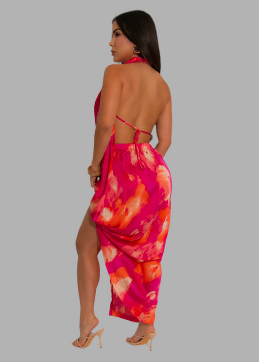 Printed Drape Neck Dress with Beads