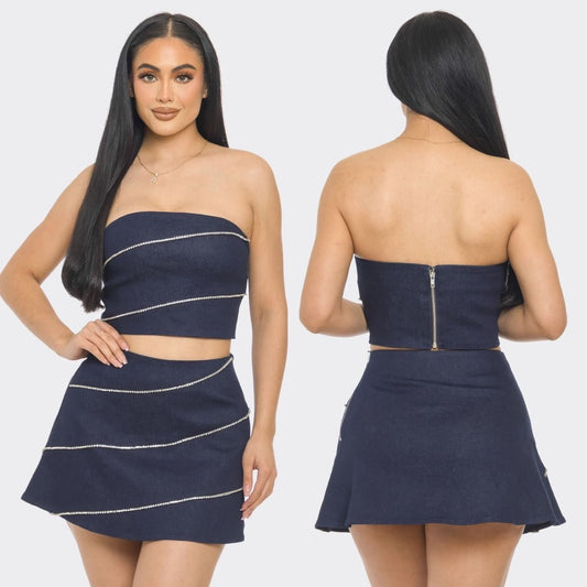 Rhinestone Trim Denim Skirt Set