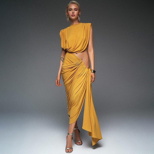 2pc Draped U-Trim Asymmetrical Skirt Set