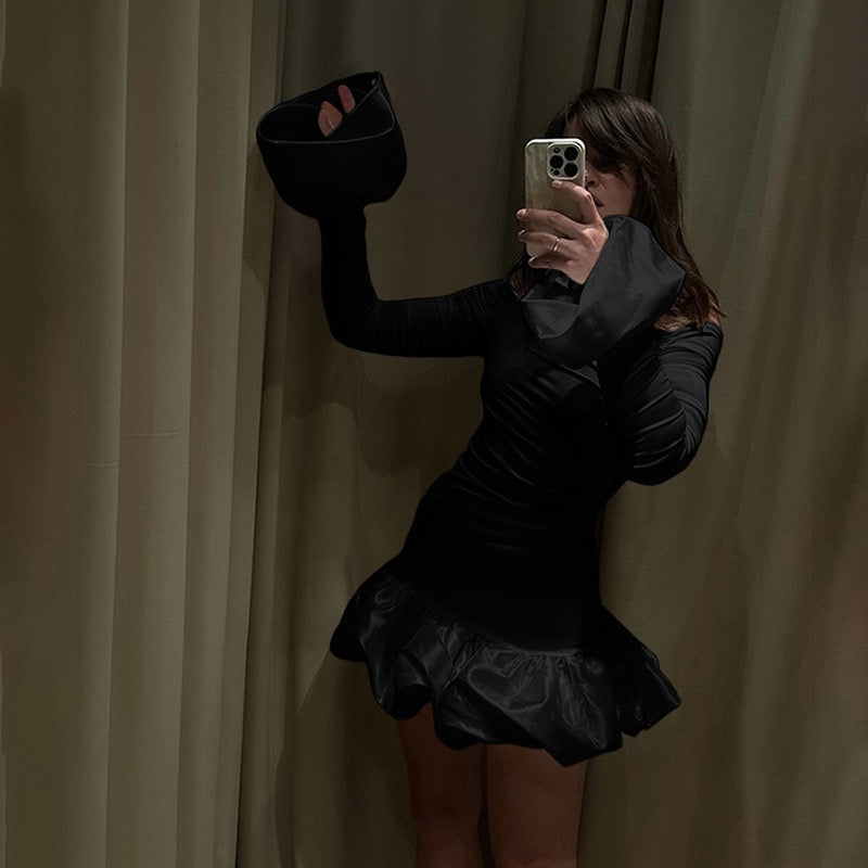 Off Shoulder Puff Trumpet Sleeve Bubble Hem Mini Dress