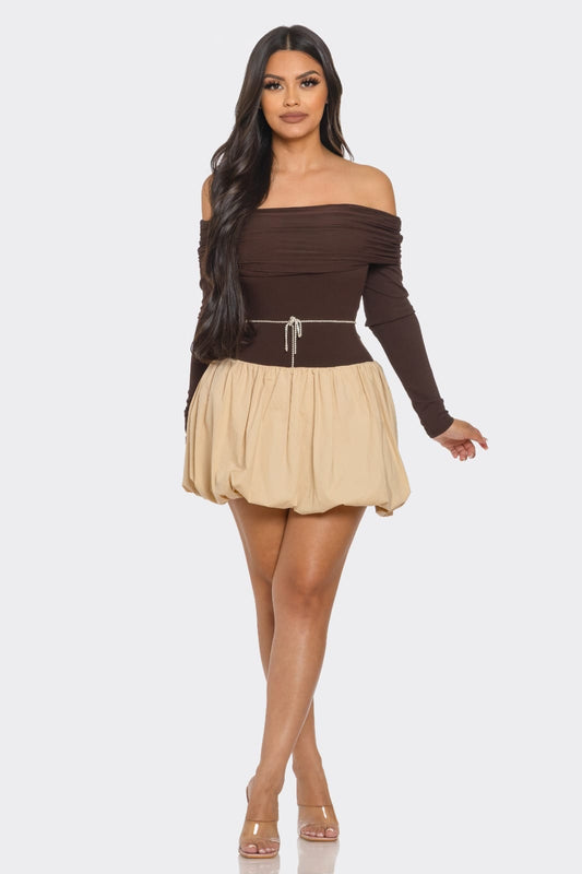 Off Shoulder 2 Tone Long Sleeve Bubble Dress