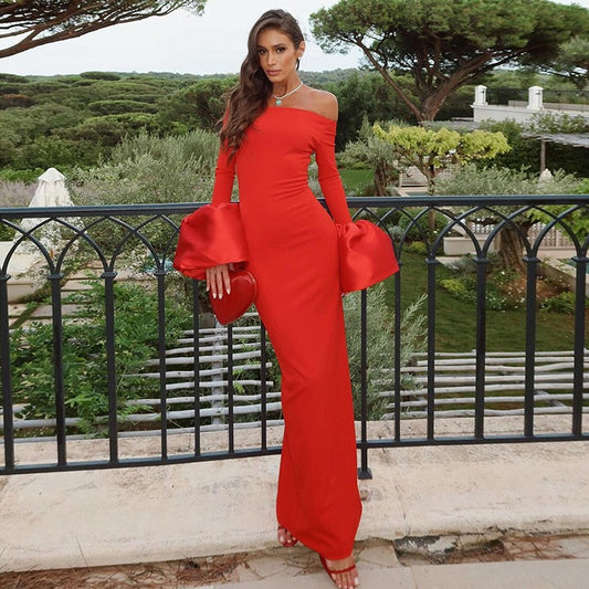Puff Trumpet Sleeve Off Shoulder Maxi Dress