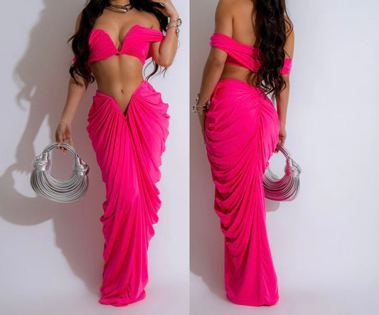 2pc V Wire Draped Off Shoulder Skirt Set