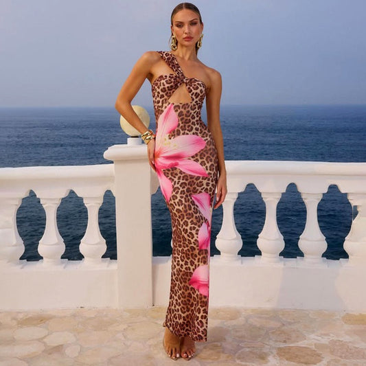 Cut Out Flower Print Leopard Maxi Dress