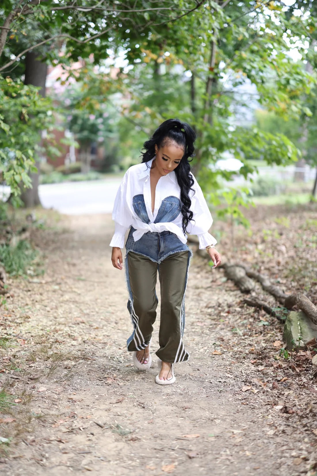 Denim Cut Out Stripe Joggers
