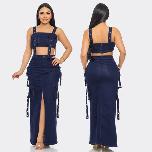 2pc Stretch Denim Maxi Skirt Set
