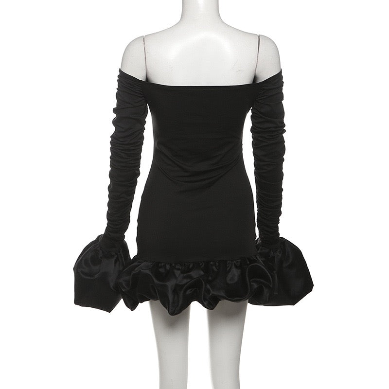 Off Shoulder Puff Trumpet Sleeve Bubble Hem Mini Dress
