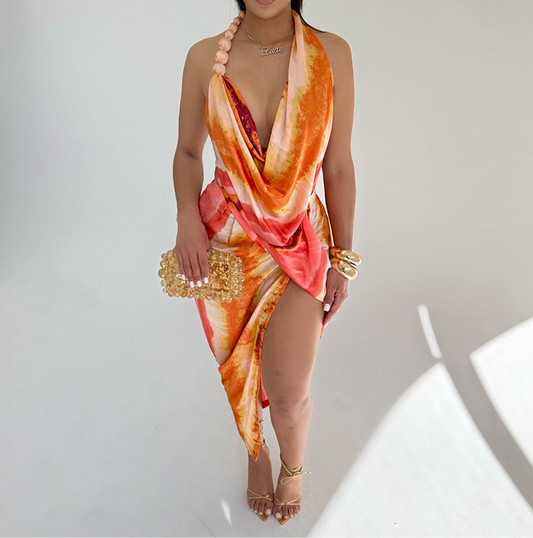Printed Drape Neck Dress with Beads