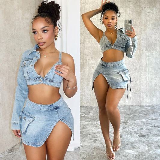 Asymmetrical Stretch Denim Mini Skirt Set