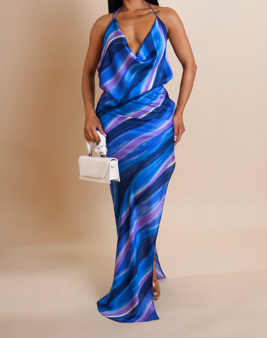 Printed Draped Neck Open Back Maxi Dress