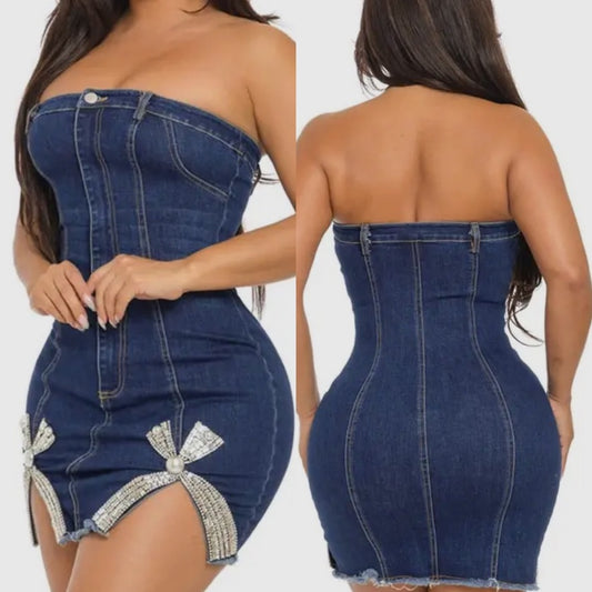 Rhinestone Trim Stretch Denim Mini Dress