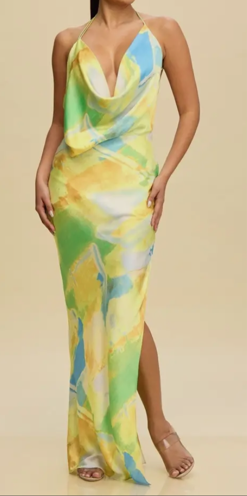 Printed Draped Neck Open Back Maxi Dress